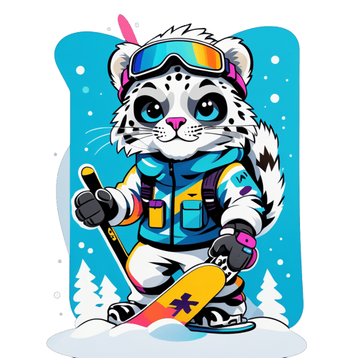Un léopard des neiges avec des lunettes de ski dans sa main gauche et une planche de snowboard dans sa main droite sticker