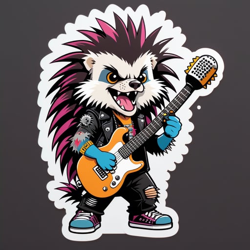 Un porc-épic avec une guitare punk rock dans sa main gauche et un microphone dans sa main droite sticker