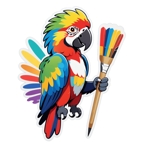 Một con vẹt Macaw cầm một cây cọ trong tay trái và một bảng màu trong tay phải sticker