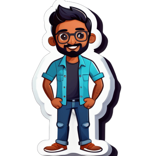 một chàng trai Ấn Độ có râu nhỏ và đeo kính hình chữ nhật, mặc áo sơ mi và quần jean sticker