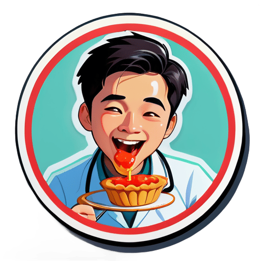 Un joven doctor asiático come pasteles de nata portugueses sticker