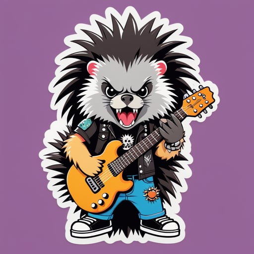 Un porc-épic avec une guitare punk rock dans sa main gauche et un microphone dans sa main droite sticker
