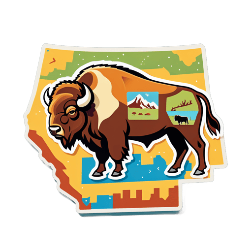 A bison with a Western saddle in its left hand and a map of the prairie in its right hand sticker