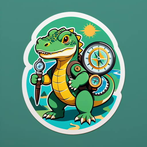 A komodo dragon with a explorer compass in its left hand and a map in its right hand sticker