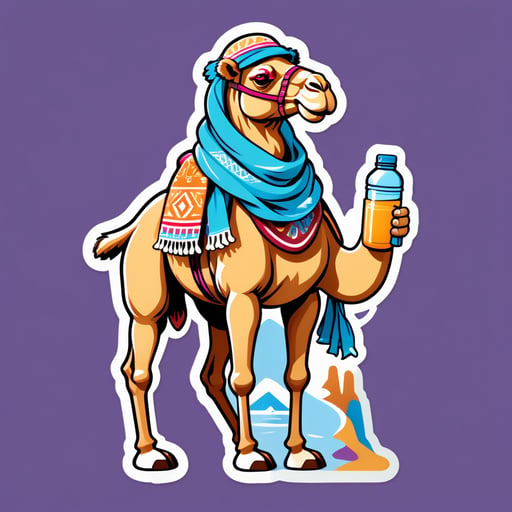 A camel with a water bottle in its left hand and a desert scarf in its right hand sticker
