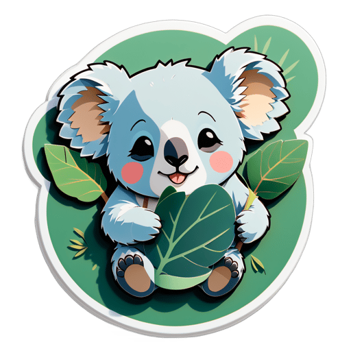 A koala with a eucalyptus leaf in its left hand and a sleeping mask in its right hand sticker