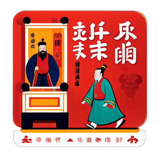 Ein Mann geht auf die Rückseite eines Bettes zu, auf dem die chinesischen Schriftzeichen für 'Möchte gerne Cao Cao im Roten Palast sein' geschrieben sind. sticker