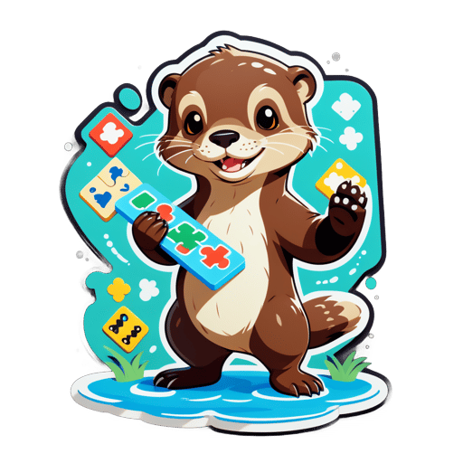 An otter with a puzzle piece in its left hand and a game board in its right hand sticker