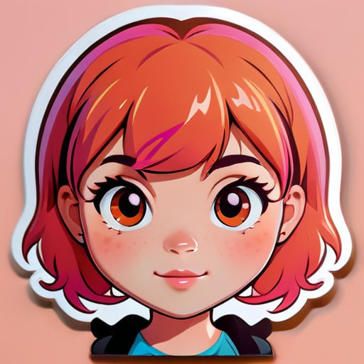 Cabeça de uma garota com cabelos rosa e laranja com franja Bonita e com olhos castanhos com sardas sticker