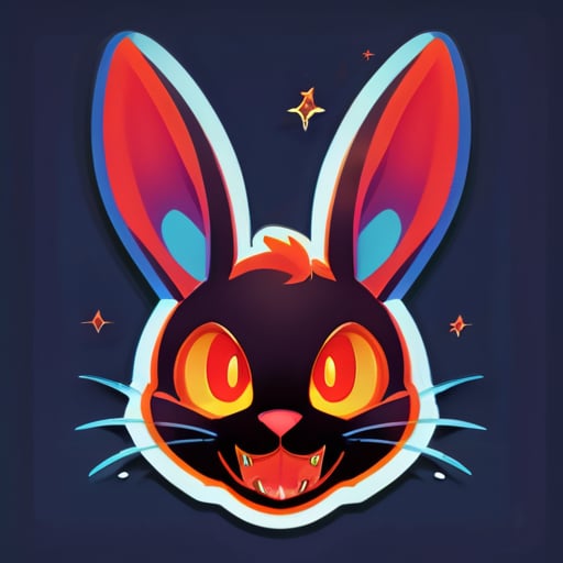 耳朵：長而尖的兔子耳朵，帶有一絲惡魔般的曲折。臉部：兔子的臉，帶有調皮的表情，嘴巴小而閉合，眼睛火紅，皮膚呈深藍色調，兩側呈橢圓形。表情：俏皮卻微妙地帶有邪惡的笑容。背景：火焰和熾熱效果。顏色：深色調搭配強烈的紅色和橙色，與深藍色調的兔子臉相輔相成。 sticker
