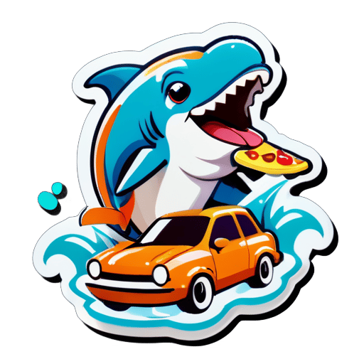 A dolphin eating a pizza and driving a car sticker