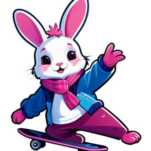 滑板上戴粉色围巾和蓝色夹克的卡通兔子，兔朋克，兔子角色，高清委托，可爱的拟人化兔子，电兔，拟人化兔子，兔子，委托，委托艺术，吉祥物插图，兽人角色委托，兔子，电报贴纸，全身委托，兔子兔子 sticker