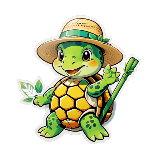 A turtle with a leaf in its left hand and a straw hat in its right hand sticker