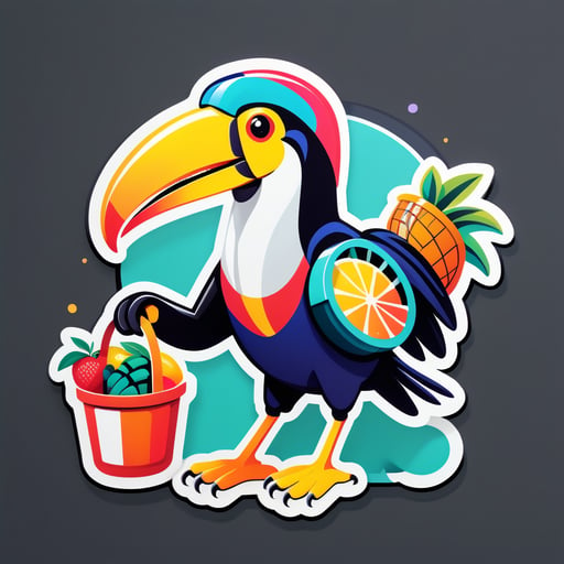一隻巨嘴鳥，左手拿著水果籃，右手拿著榨汁機 sticker