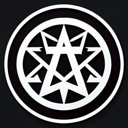 Padrão circular, fundo preto com letras brancas, estrela de cinco pontas dentro de um círculo, com a palavra '正' em branco no centro sticker