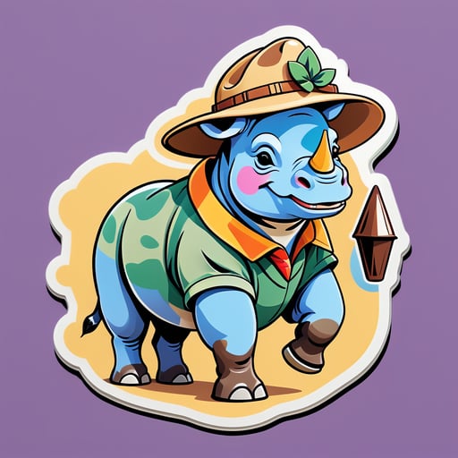 一隻犀牛，左手拿著一頂野生動物園帽，右手拿著一張地圖 sticker