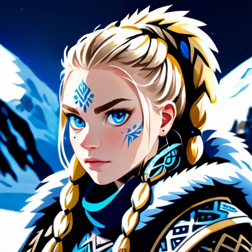 A fiercely proud Nordic girl stands, her presence exuding unwavering strength. Her blonde braids cascade down her back, framing a face marked by determination and resilience. This stunning portrait captures her piercing blue eyes, reflecting the icy landscapes of her homeland. The intricate details of her embroidered Viking armor and fur-lined cloak speak of her warrior spirit. This high-quality p sticker