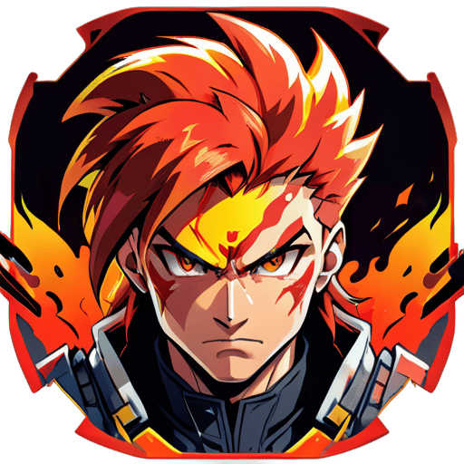 Face: A determined and focused facial expression, reflecting the intensity of battle.
Hair: Wild and fiery, symbolizing the chaotic nature of combat. Consider incorporating flames or dynamic shapes into the hair design.
Eyes: Sharp and intense, conveying the readiness for action. Colors like red, orange, or yellow can evoke the fiery theme of the game.
Background: A backdrop of a battlefield or a  sticker