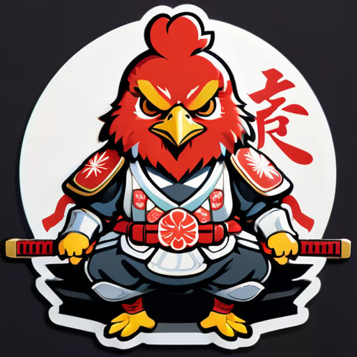 穿着日本将军铠的鸡，正在冥想，日式盘腿坐。腰间系着两把太刀。面部肃杀之情。 sticker