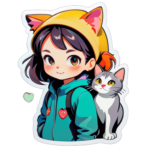 un gato y una niña sticker