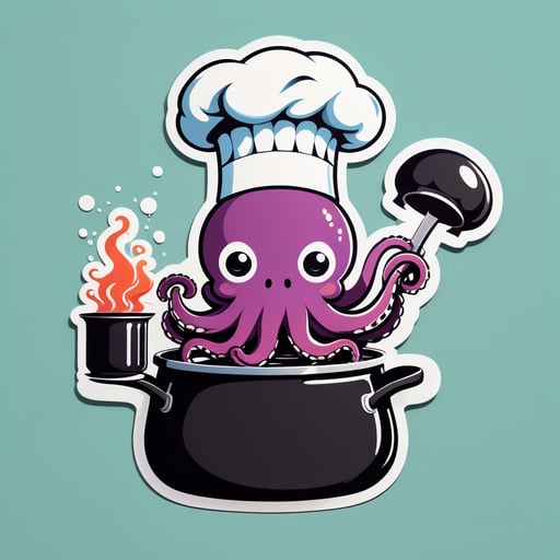 Ein Oktopus mit einem Kochhut in seiner linken Hand und einem Kochtopf in seiner rechten Hand sticker