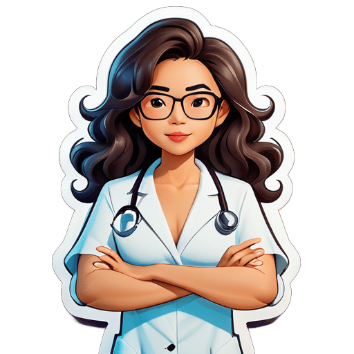 Asian female doctor with big wavy hair, no hat, wearing glasses, naked body, arms crossed in front of chest, cartoon character sticker