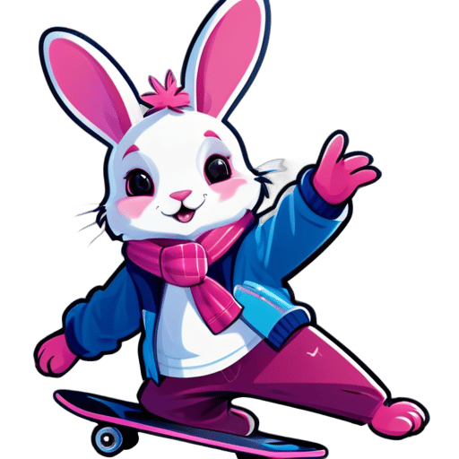 cartoon rabbit on a skateboard with a pink scarf and blue jacket, bunnypunk, rabbt_character, commission for high res, cute anthropomorphic bunny, telegram sticker design, electrixbunny, anthropomorphic rabbit, bunny, commission, commission art, mascot illustration, fursona commission, rabbit, telegram sticker, fullbody commission for, rabbit_bunny sticker