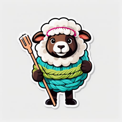 Un mouton tenant une pelote de laine dans sa main gauche et des aiguilles à tricoter dans sa main droite sticker