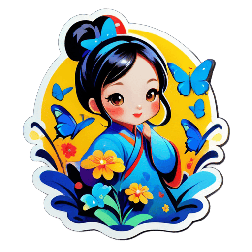 a very beautifue chinese girl, playing with butterflies sticker