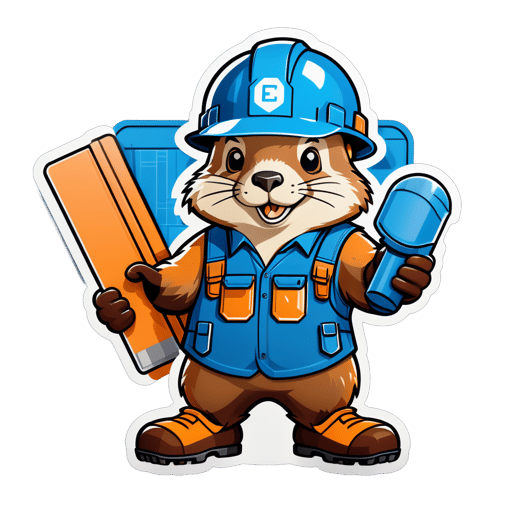 A beaver with a construction helmet in its left hand and a blueprint in its right hand sticker