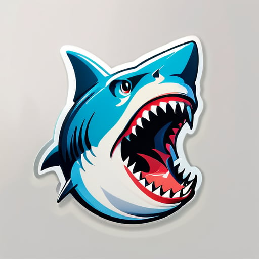 Shark, pure positive, simple style. Open mouth, sharp teeth, American retro. Logo design sticker