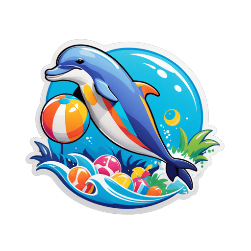 Un delfín con una pelota de playa en su mano izquierda y un tubo de snorkel en su mano derecha sticker