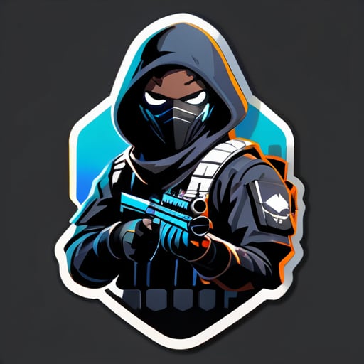 Introducing the "Shadow Striker," a character embodying the essence of Free Fire's warriors. With a sleek black face mask adding mystery, they're clad in tactical gear, ready for battle. Armed and poised with a powerful firearm, they stand vigilant against the backdrop of Free Fire's intense gaming landscape. sticker