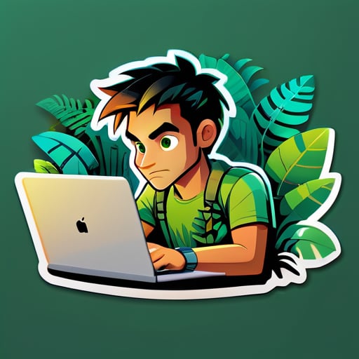 In the heart of a lush jungle, a wild programmer intently codes on a laptop, embodying a unique fusion of nature's untamed beauty and the digital world sticker