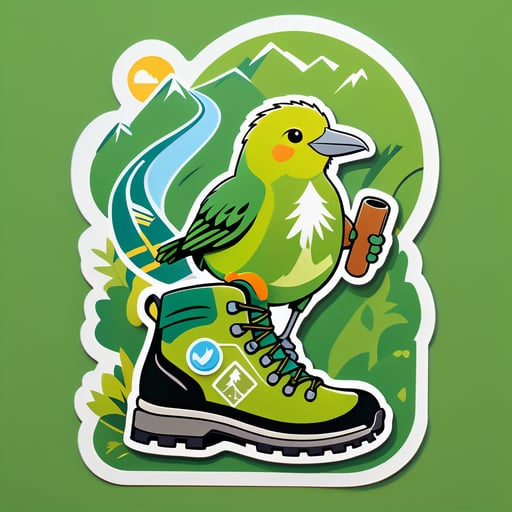 Un pájaro kiwi con una bota de senderismo en su mano izquierda y un mapa de senderos en su mano derecha sticker