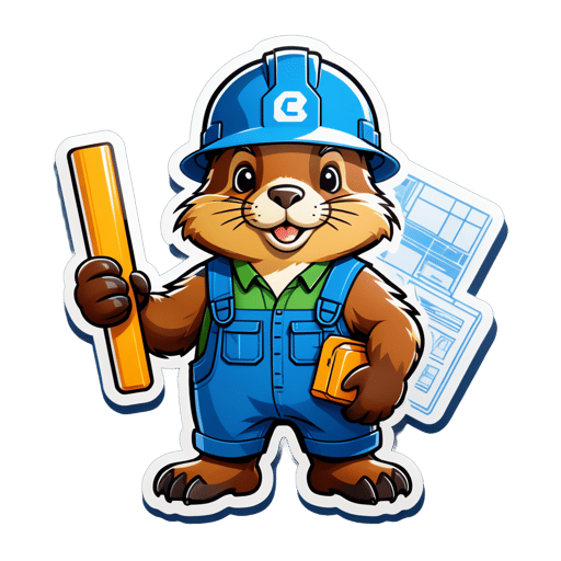 Un castor con un casco de construcción en su mano izquierda y un plano en su mano derecha sticker