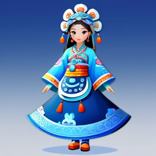 全身，生成三个视图，穿着苗族银饰帽的美丽中国女孩，身着中国贵州省白龙村苗族风格服饰，呈现复杂细节、精美图案和蓝色背景，IP形象，C4D风格，卡通写实，Bubble Mart，3D渲染，超频渲染，最佳画质，8K，正面视图，站立姿势。--ar 3:4 sticker