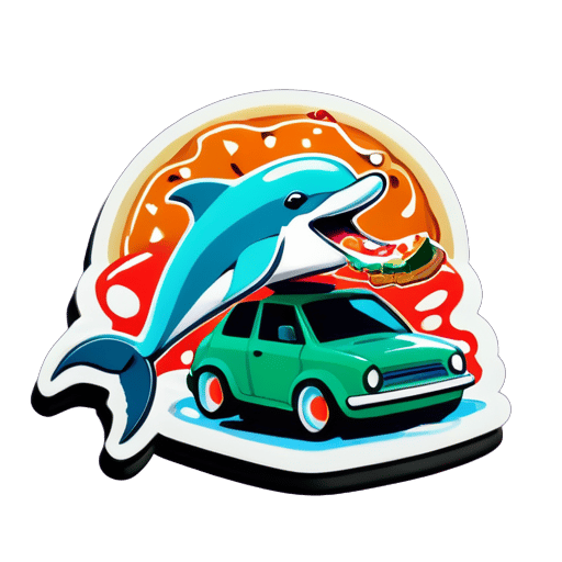 A dolphin eating a pizza driving a car  sticker