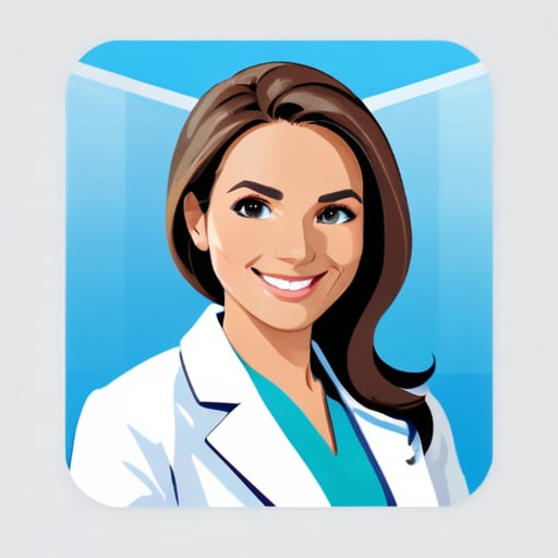 女性医師のプロフェッショナルなイメージ写真をプロフィール画像として使用すると、医師の専門性と親しみやすさを表現できます。写真は診療所や病院の背景で撮影され、正式な医師の制服や白衣を着用し、微笑んで自信と親しみやすさを表現しています。写真の背景色は淡い青色です。 sticker