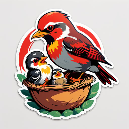 Pássaro Vermelho Alimentando Filhotes no Ninho sticker