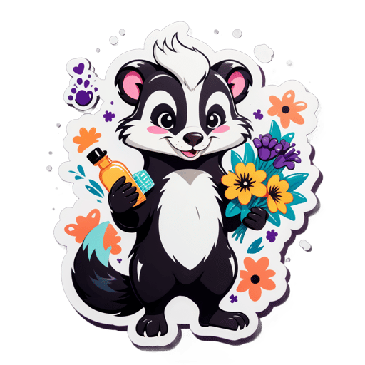 A skunk with a perfume bottle in its left hand and a bouquet of flowers in its right hand sticker
