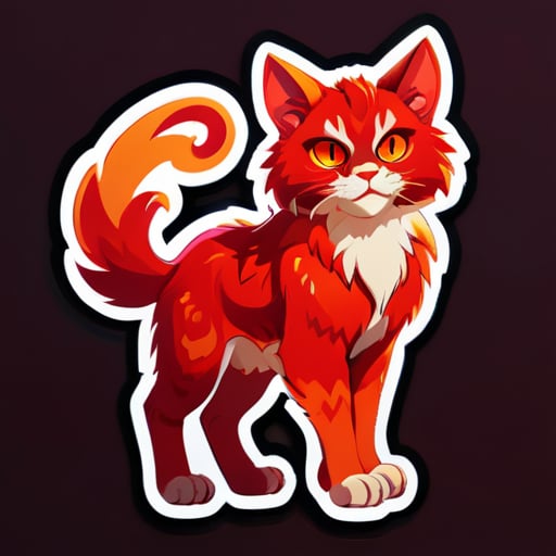 a cat-Aries is depicted in red tones, with fiery eyes and fur resembling flames. It stands on its hind legs, ready for battle, and looks very confident. It also has horns on its head. sticker