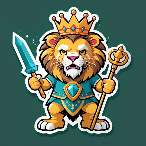 Un lion avec une couronne dans sa main gauche et un sceptre dans sa main droite sticker