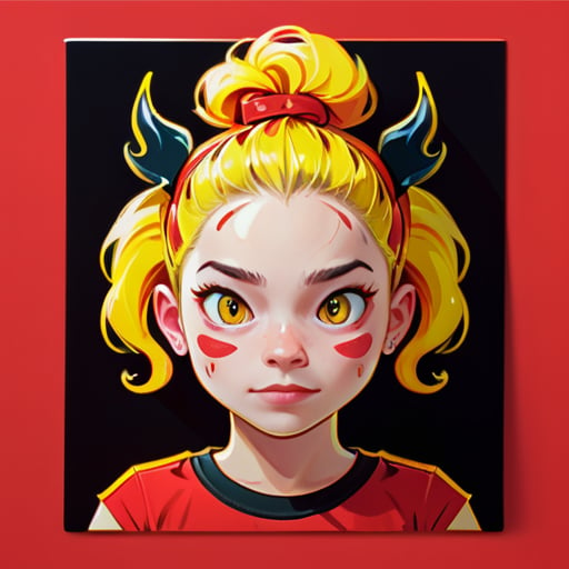 노란 머리, 붉은 볼, 붉은 셔츠를 입은 소녀. 머리에는 두 개의 블랙 라인이 있어서 미아리와 같은 모습이다. sticker