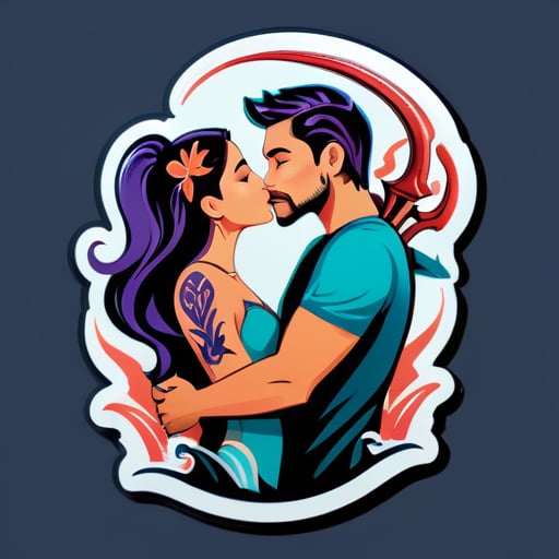 homme avec un tatouage de trident de mer embrassant une fille sticker