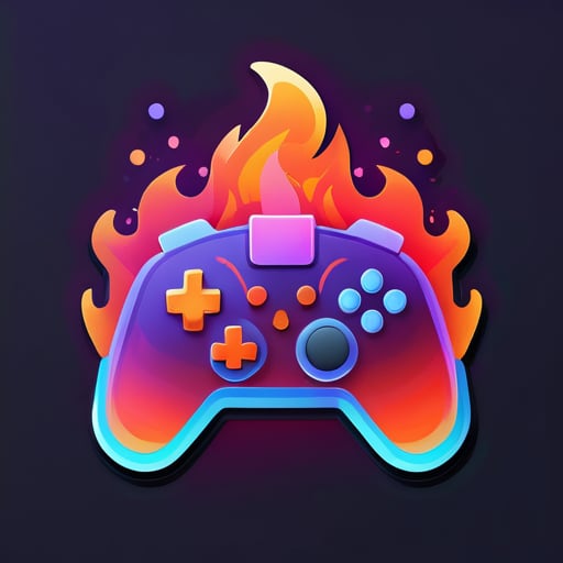 设计：火焰形状的游戏控制器图标。字体：现代、时尚的“烈焰游戏”标题。颜色：图标采用火焰渐变色，标题对比鲜明。背景：微妙的渐变背景。 sticker
