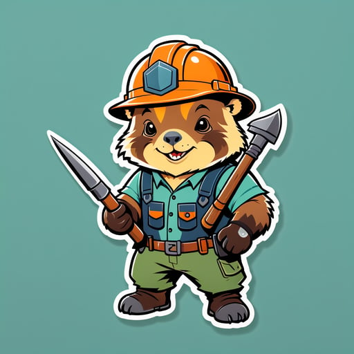 A wombat with a miner helmet in its left hand and a pickaxe in its right hand sticker