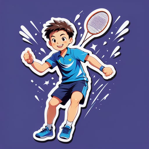 Un niño sosteniendo una raqueta en su mano derecha salta para golpear un volante de bádminton en el aire. sticker