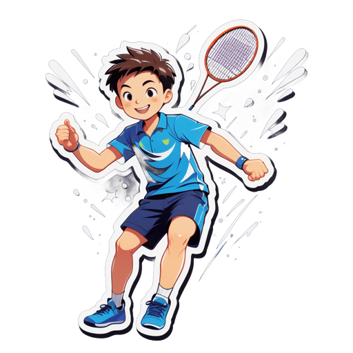 A boy holding a racket in his right hand jumps up to hit a badminton in the air. sticker