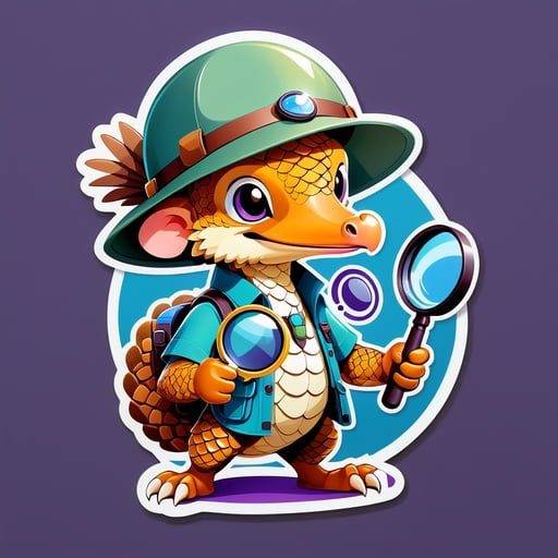 A pangolin with an explorer hat in its left hand and a magnifying glass in its right hand sticker